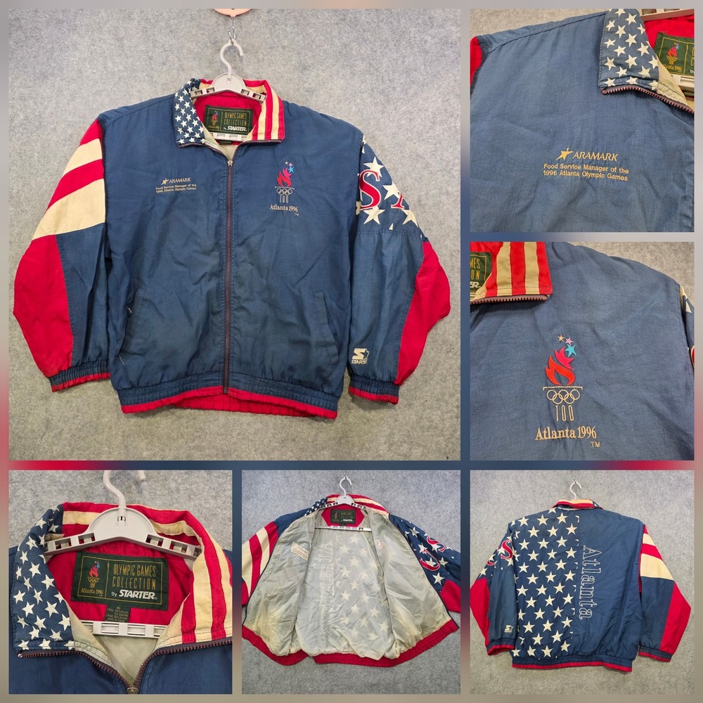 Vintage Atlanta 1996 Olympic Games Jacket Mens XL Blue USA Starter Flag Aramark